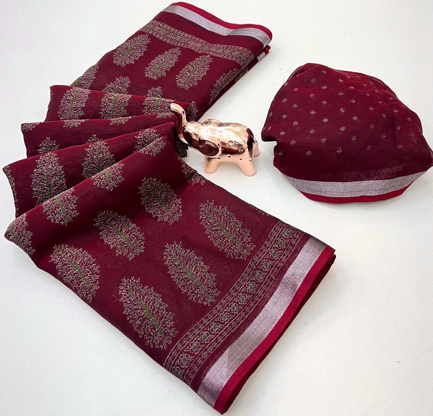 Heavy Poly-Cotton Ajrakh Print Saree with Silver Zari Border
