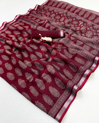 Heavy Poly-Cotton Ajrakh Print Saree with Silver Zari Border