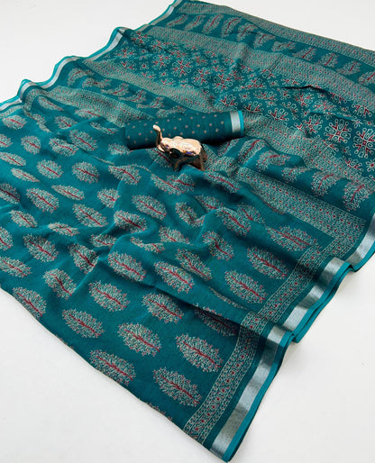 Heavy Poly-Cotton Ajrakh Print Saree with Silver Zari Border