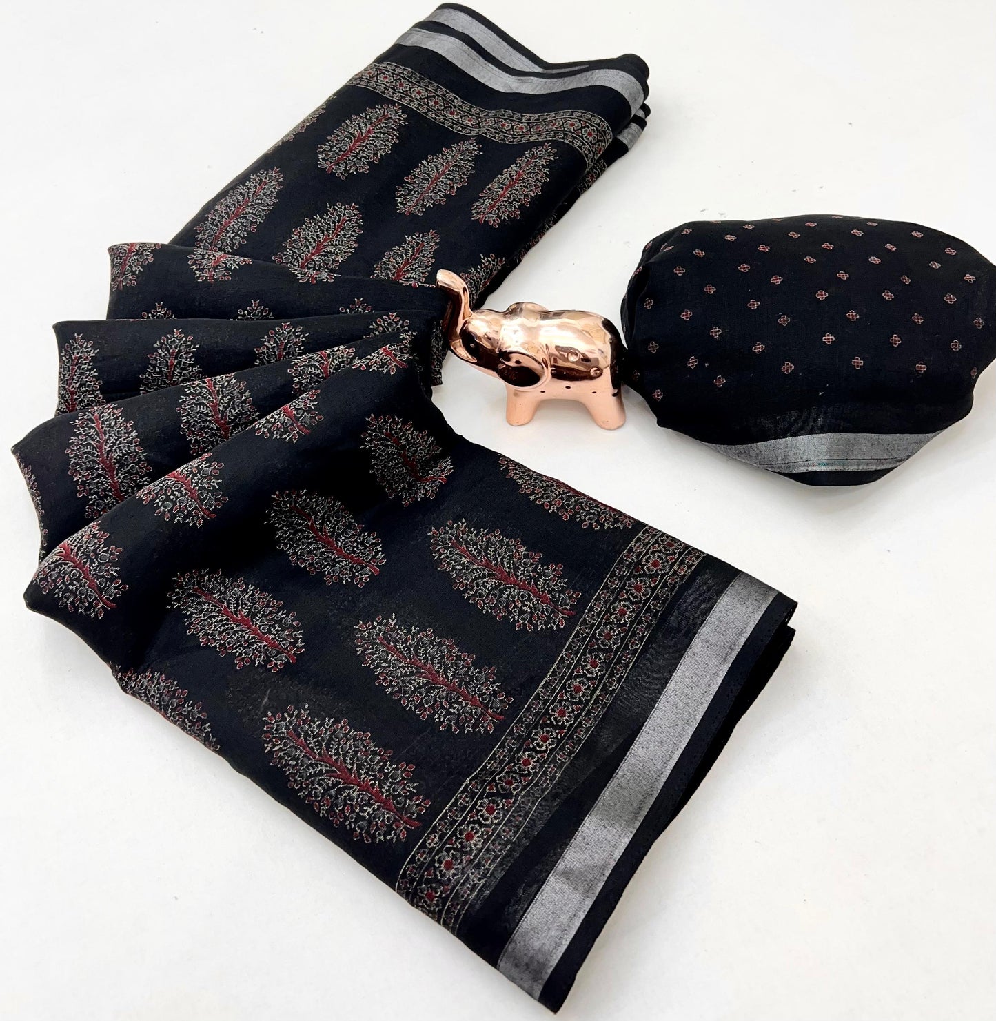 Heavy Poly-Cotton Ajrakh Print Saree with Silver Zari Border