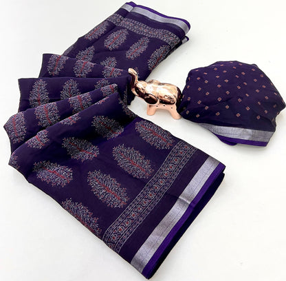 Heavy Poly-Cotton Ajrakh Print Saree with Silver Zari Border