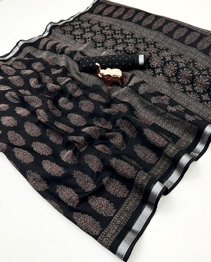 Heavy Poly-Cotton Ajrakh Print Saree with Silver Zari Border