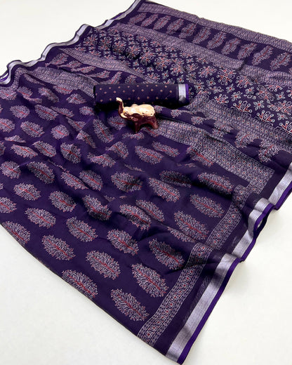 Heavy Poly-Cotton Ajrakh Print Saree with Silver Zari Border