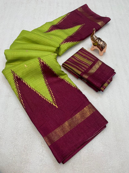 Pure Dola Viscose Crepe Silk Saree with Patola Print, Contrast Gold Border & Ikkat Blouse