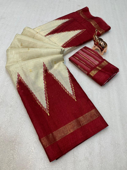 Pure Dola Viscose Crepe Silk Saree with Patola Print, Contrast Gold Border & Ikkat Blouse