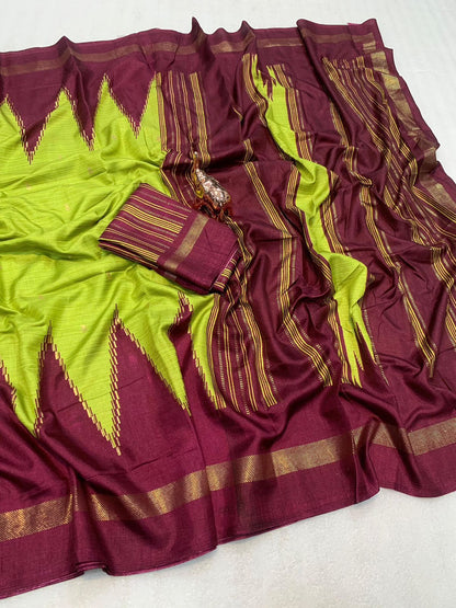 Pure Dola Viscose Crepe Silk Saree with Patola Print, Contrast Gold Border & Ikkat Blouse