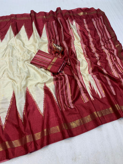 Pure Dola Viscose Crepe Silk Saree with Patola Print, Contrast Gold Border & Ikkat Blouse