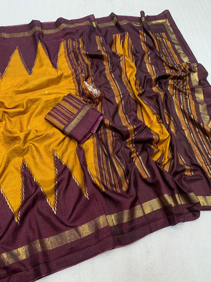 Pure Dola Viscose Crepe Silk Saree with Patola Print, Contrast Gold Border & Ikkat Blouse