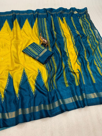 Pure Dola Viscose Crepe Silk Saree with Patola Print, Contrast Gold Border & Ikkat Blouse