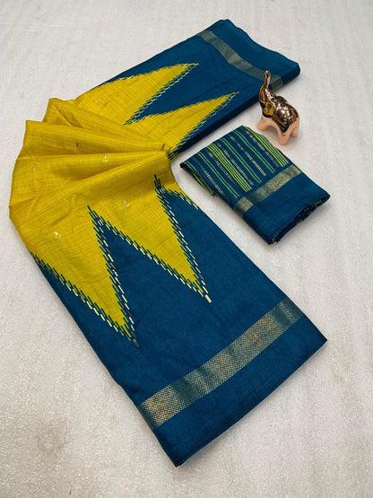 Pure Dola Viscose Crepe Silk Saree with Patola Print, Contrast Gold Border & Ikkat Blouse