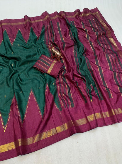 Pure Dola Viscose Crepe Silk Saree with Patola Print, Contrast Gold Border & Ikkat Blouse