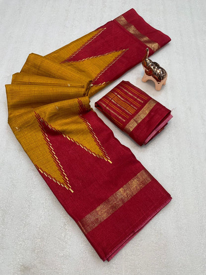 Pure Dola Viscose Crepe Silk Saree with Patola Print, Contrast Gold Border & Ikkat Blouse