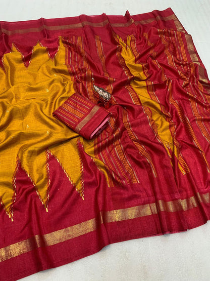 Pure Dola Viscose Crepe Silk Saree with Patola Print, Contrast Gold Border & Ikkat Blouse