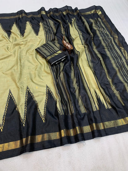 Pure Dola Viscose Crepe Silk Saree with Patola Print, Contrast Gold Border & Ikkat Blouse