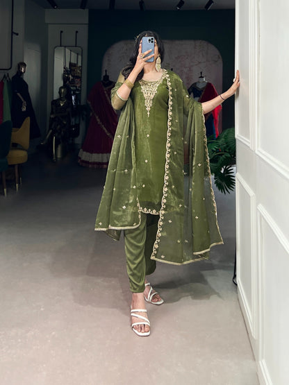 Ethnic olive sequin & thread work kurta set