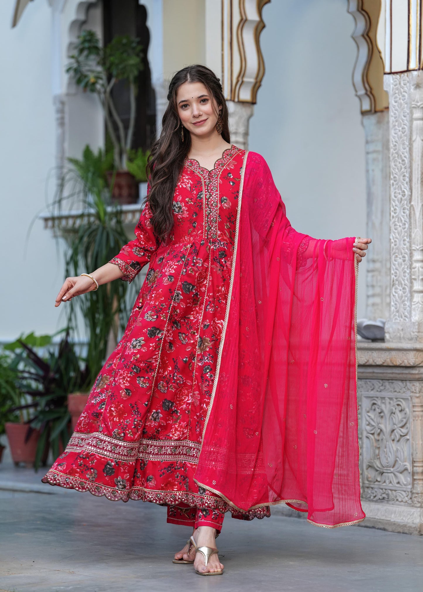 Beautiful cherry red colour anarkali kurta with pant and dupatta