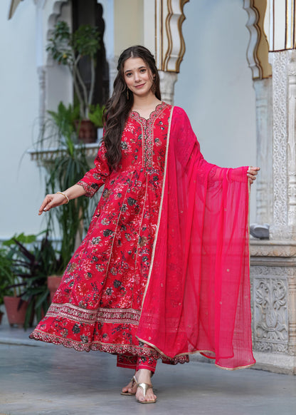 Beautiful cherry red colour anarkali kurta with pant and dupatta