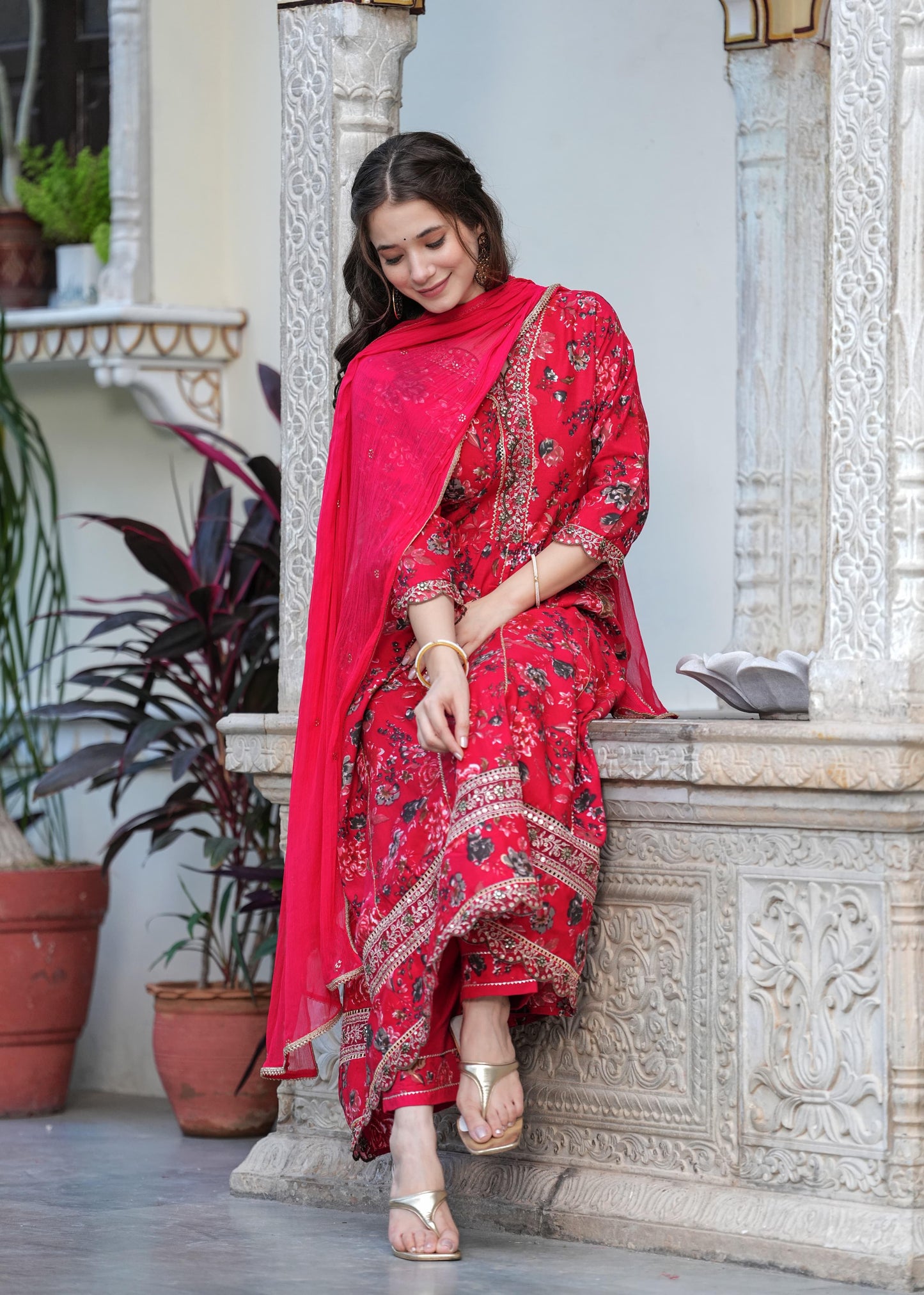 Beautiful cherry red colour anarkali kurta with pant and dupatta