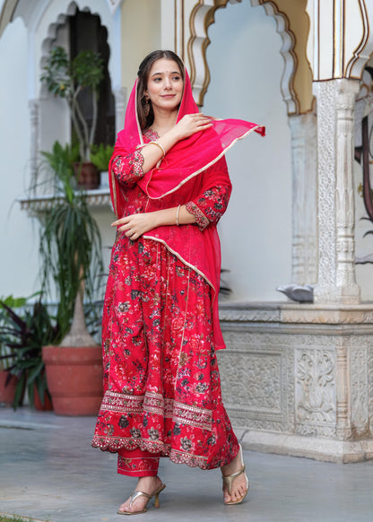 Beautiful cherry red colour anarkali kurta with pant and dupatta