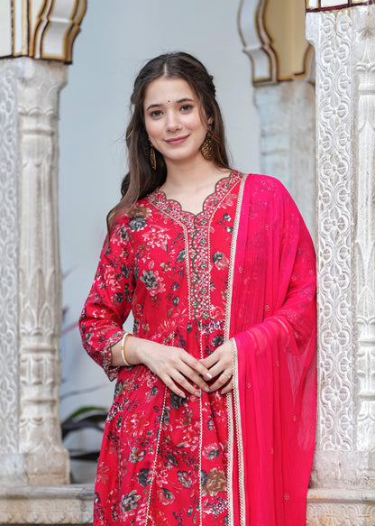 Beautiful cherry red colour anarkali kurta with pant and dupatta