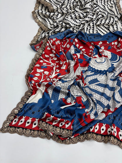 Pure Satin with Ajrak printed Sarees rich Pallu with heavy Designer Sequence Embrideory Lace