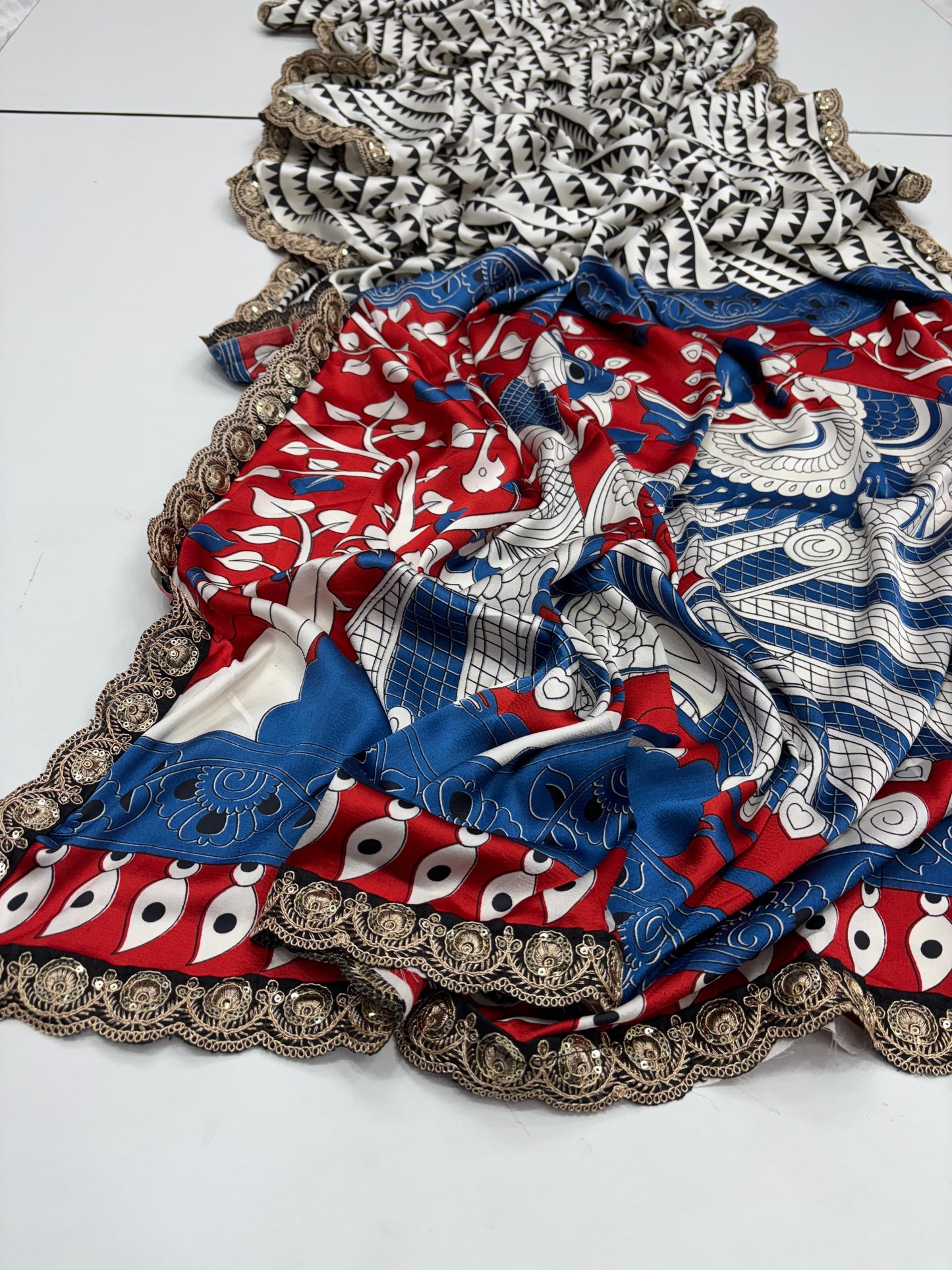 Pure Satin with Ajrak printed Sarees rich Pallu with heavy Designer Sequence Embrideory Lace