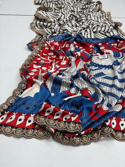 Pure Satin with Ajrak printed Sarees rich Pallu with heavy Designer Sequence Embrideory Lace