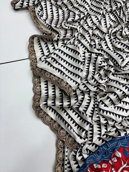 Pure Satin with Ajrak printed Sarees rich Pallu with heavy Designer Sequence Embrideory Lace