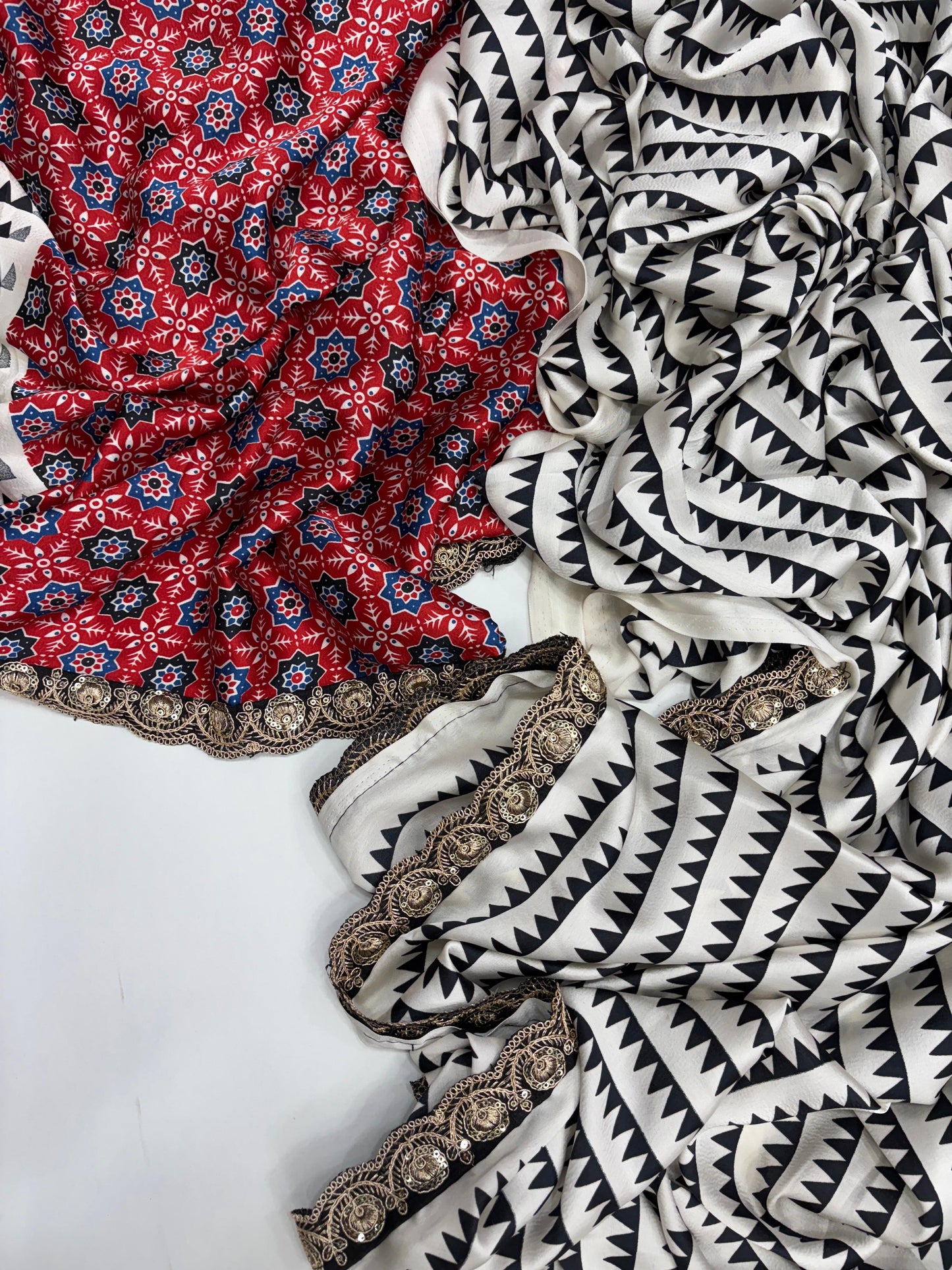 Pure Satin with Ajrak printed Sarees rich Pallu with heavy Designer Sequence Embrideory Lace