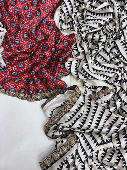 Pure Satin with Ajrak printed Sarees rich Pallu with heavy Designer Sequence Embrideory Lace