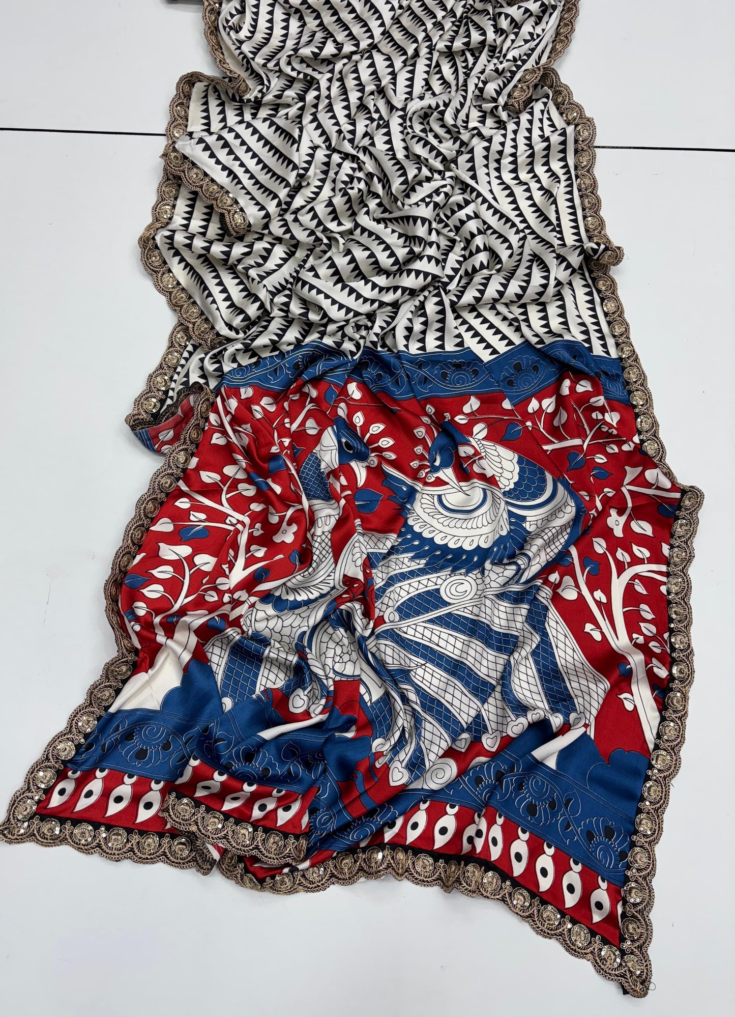 Pure Satin with Ajrak printed Sarees rich Pallu with heavy Designer Sequence Embrideory Lace