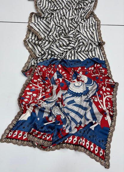 Pure Satin with Ajrak printed Sarees rich Pallu with heavy Designer Sequence Embrideory Lace