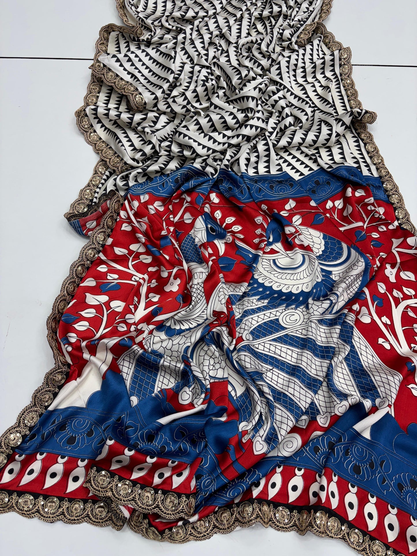 Pure Satin with Ajrak printed Sarees rich Pallu with heavy Designer Sequence Embrideory Lace