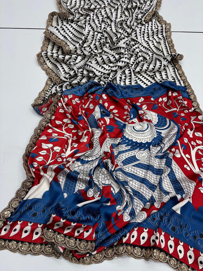 Pure Satin with Ajrak printed Sarees rich Pallu with heavy Designer Sequence Embrideory Lace