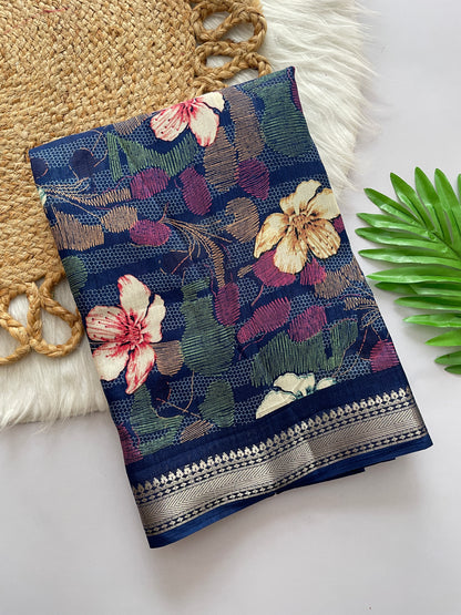 Lightweight Cotton Blend Saree with Floral Prints & Silver Zari Border | Designer Saree with Printed Blouse