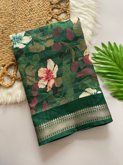 Lightweight Cotton Blend Saree with Floral Prints & Silver Zari Border | Designer Saree with Printed Blouse