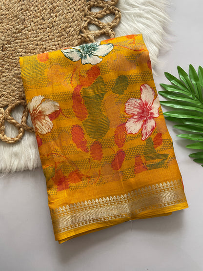 Lightweight Cotton Blend Saree with Floral Prints & Silver Zari Border | Designer Saree with Printed Blouse