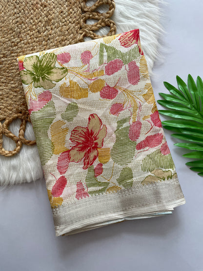 Lightweight Cotton Blend Saree with Floral Prints & Silver Zari Border | Designer Saree with Printed Blouse