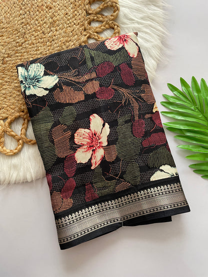 Lightweight Cotton Blend Saree with Floral Prints & Silver Zari Border | Designer Saree with Printed Blouse