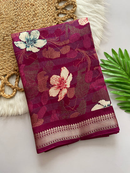 Lightweight Cotton Blend Saree with Floral Prints & Silver Zari Border | Designer Saree with Printed Blouse