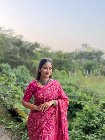 Heavy Mul Cotton Silk Bandhani Print Saree with Golden Zari Patti Border & Butti Print Blouse