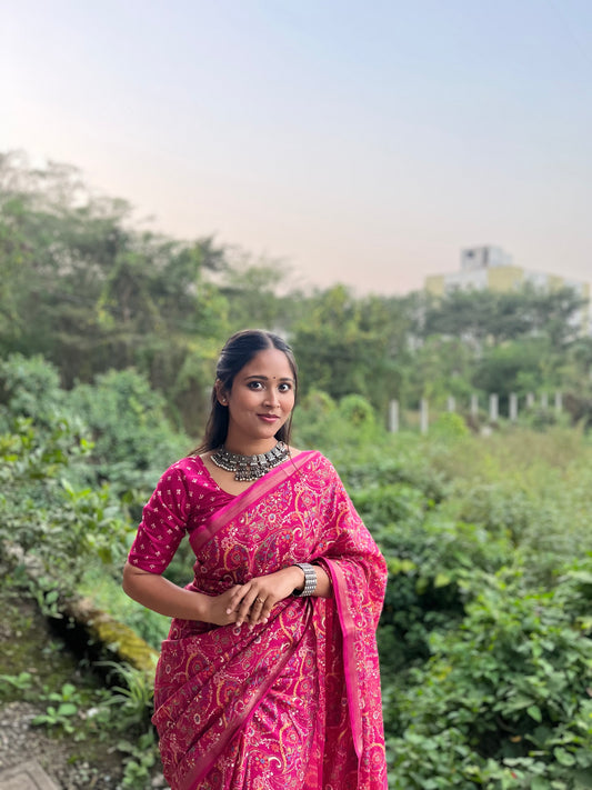 Heavy Mul Cotton Silk Bandhani Print Saree with Golden Zari Patti Border & Butti Print Blouse