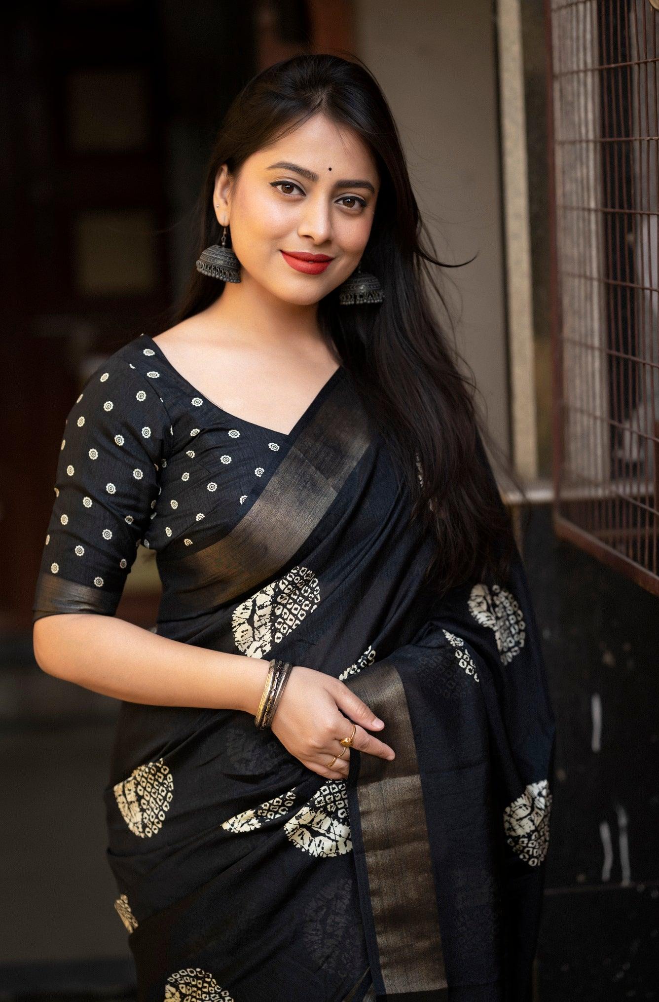 soft cotton crape batik prints with zari pattu woven border - Swaraas