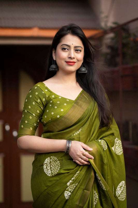 soft cotton crape batik prints with zari pattu woven border - Swaraas