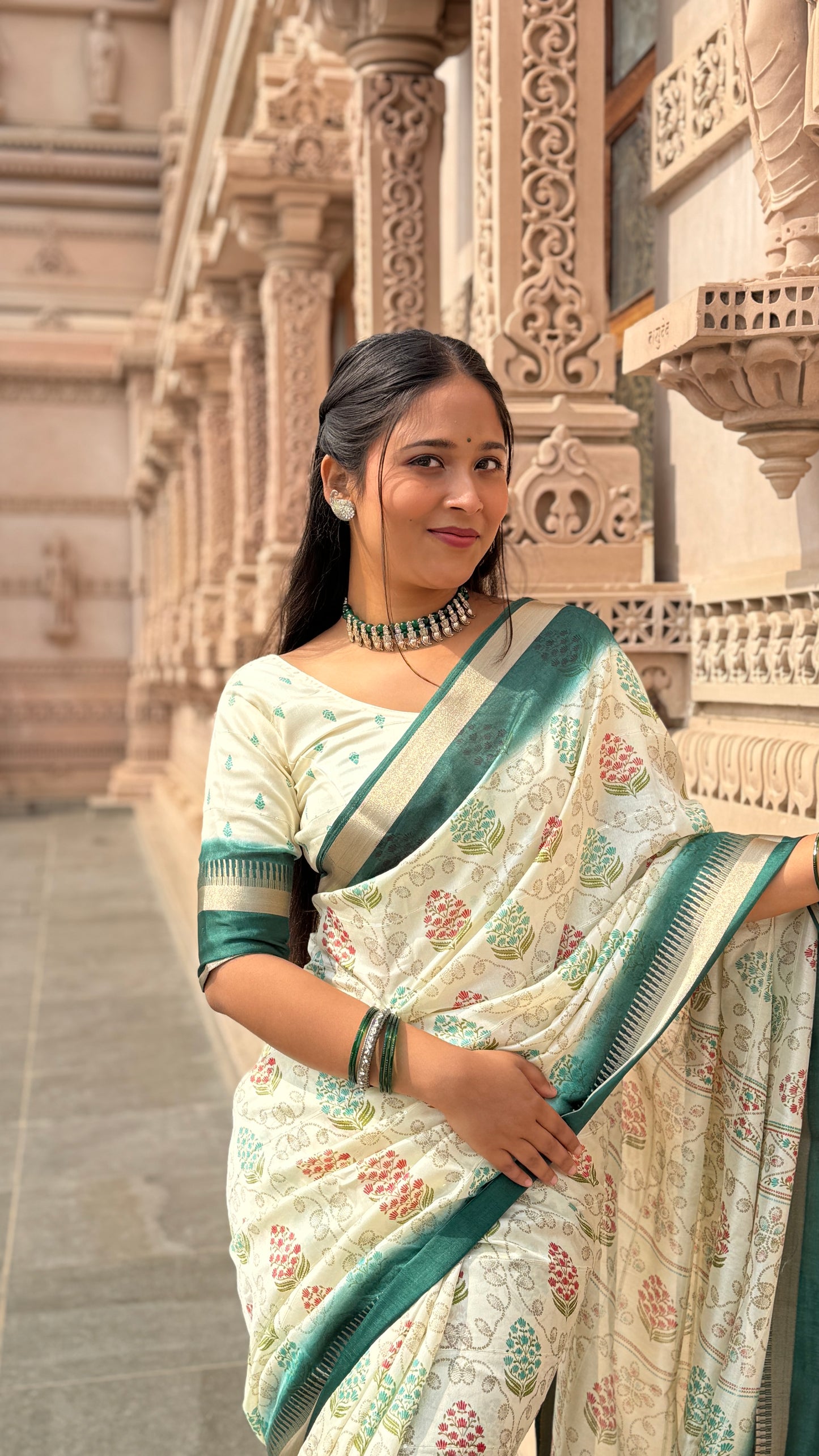 Fancy Soft Cotton Blend Saree with Batik Print, Multi-Sequins Work & Kalamkari Pallu – With Printed Blouse