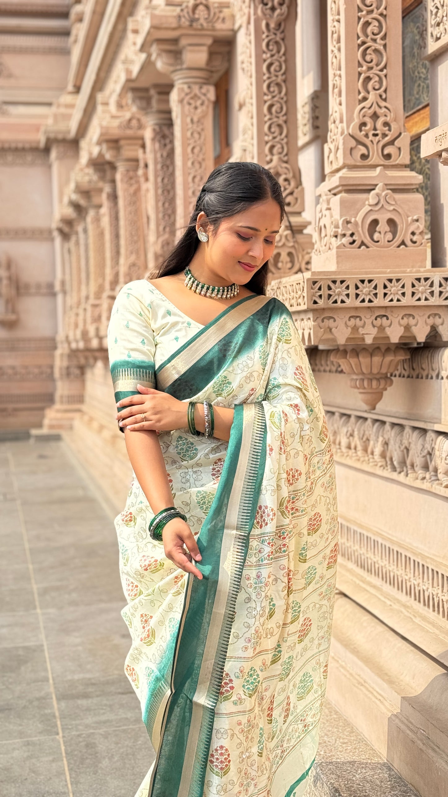 Fancy Soft Cotton Blend Saree with Batik Print, Multi-Sequins Work & Kalamkari Pallu – With Printed Blouse