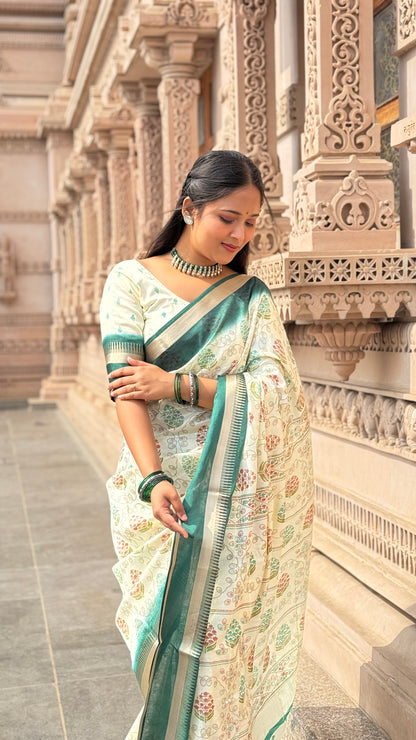 Fancy Soft Cotton Blend Saree with Batik Print, Multi-Sequins Work & Kalamkari Pallu – With Printed Blouse