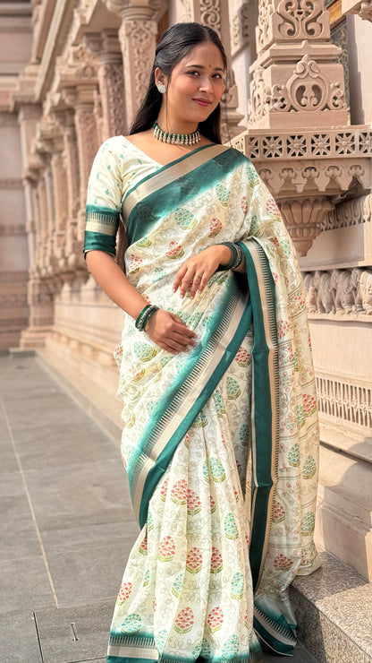 Fancy Soft Cotton Blend Saree with Batik Print, Multi-Sequins Work & Kalamkari Pallu – With Printed Blouse