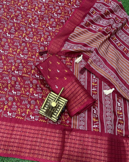 Soft Dola Silk Kalamkari Print Saree with Sequin & Zari Border | Printed Blouse – Swaraas