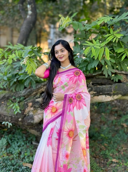 Blush Pink Floral Print Linen Saree with Magenta Border and Running Blouse Piece for Women, 6.3 Metres for Daily Wear